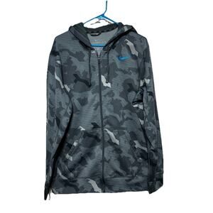 Nike Camo Hoodie Mens Gray Court Therma Fit Training Hoodie Blue Swoosh Logo Lg